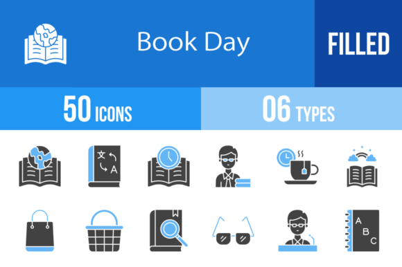 50 Book Day Blue and Black Icons for Branding and Design