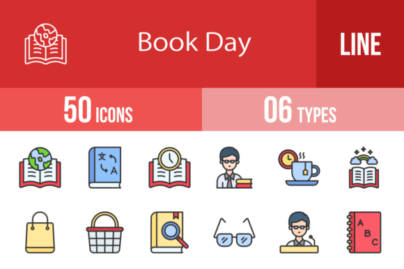 50 Book Day Filled Line Icons Review