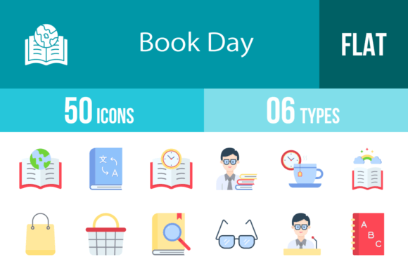 50 Book Day Flat Multicolor Icons Graphics