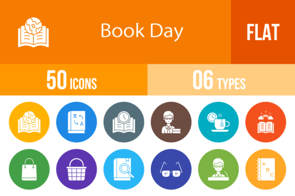 50 Book Day Flat Round Icons for Graphics and Digital Selling