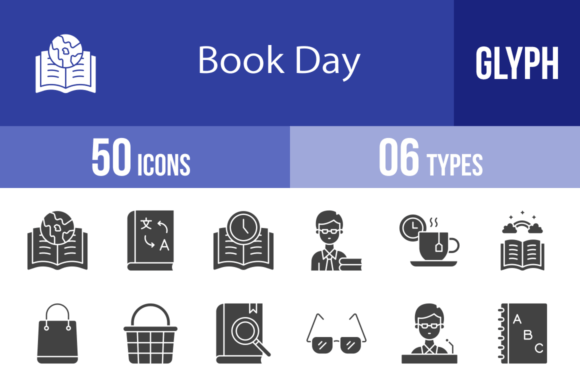 50 Book Day Glyph Icons for Graphic Design Projects