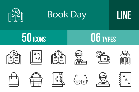50 Book Day Line Icons for Handmade Creations