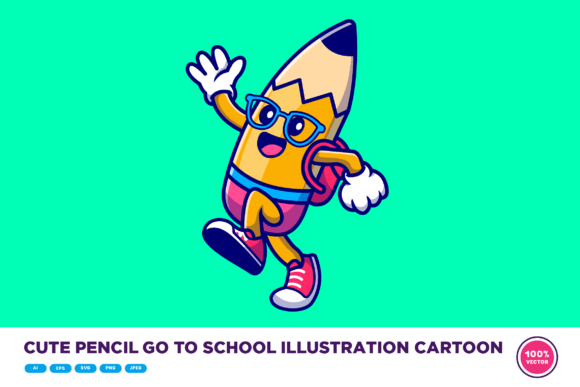 Cute Pencil Go to School Illustration for Crafting and Graphics