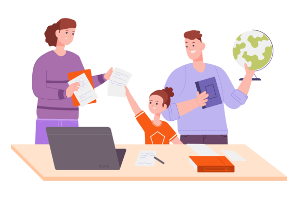 Parents Help Kid with School Homework Graphic for Blogs and Websites
